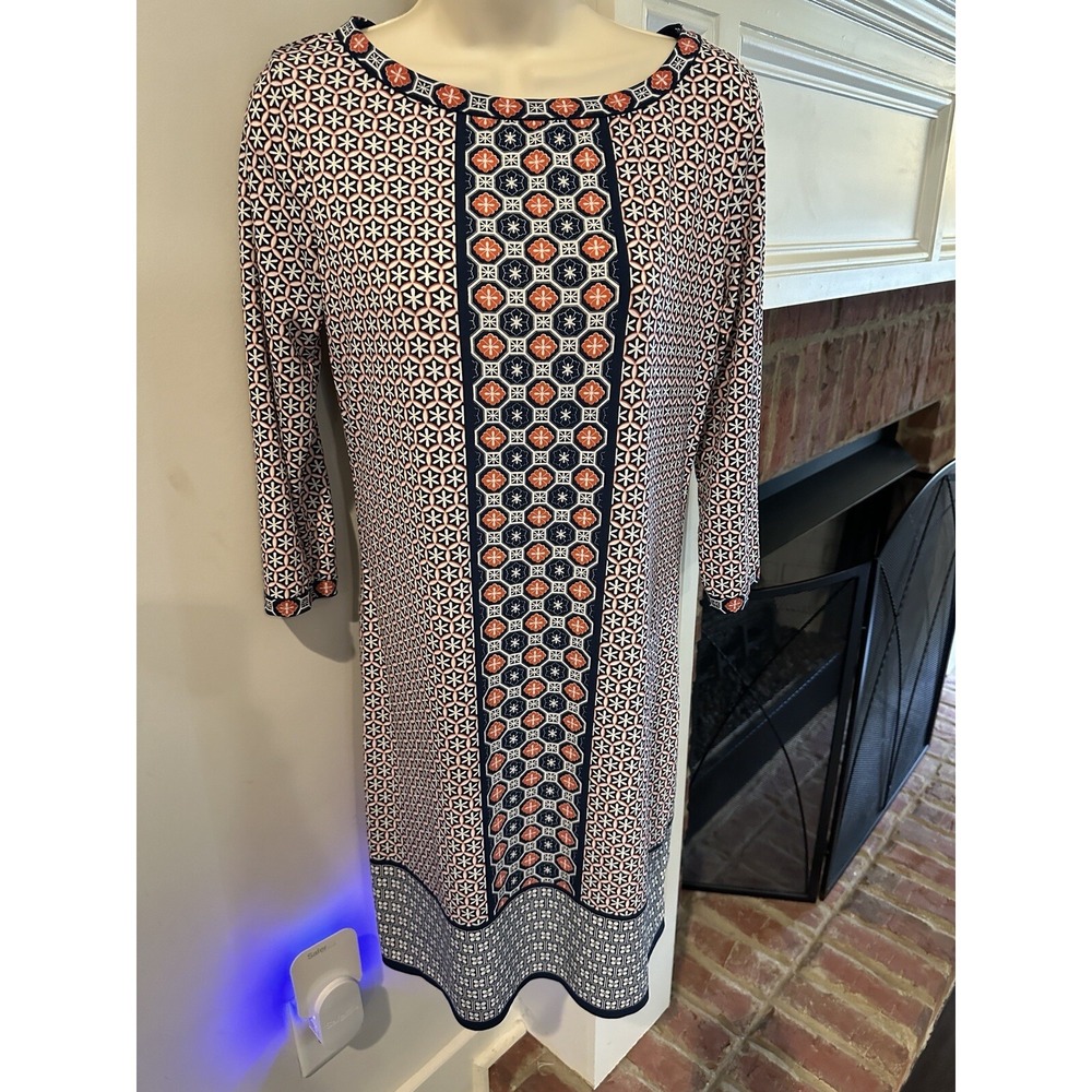 Max Studio Geometric Pattern Pullover Shift Knee Length Dress Small Navy Orange